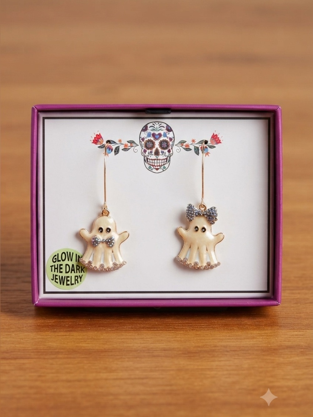 Glow in the Dark Mismatched Cute Ghost Dangle Drop Earrings NIB Sugar Skull Box